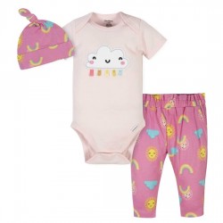 Gerber Conjunto de 3 piezas body, pantalón y gorro arcoiris de manga corta 100% algodón para bebé niña de 6 a 9 meses