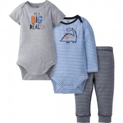 Gerber Conjunto Body y Pantalón de 3 Piezas Dino-Mite 100% algodón rib para bebé niño de 3 a 6 meses