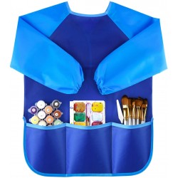 BASSION Mandil color azul con 3 bolsillos manga larga para niñas y niños de 2 a 6 años