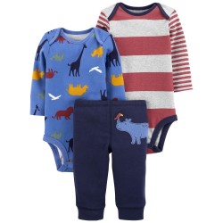 Carter's Conjunto 2 Bodys Manga Larga y Pantalón 100% Algodón Rib con Diseño de Animales para bebé niño de 6 a 9 meses