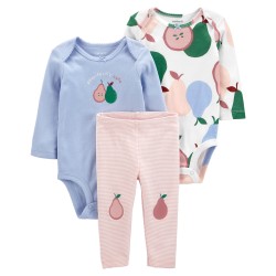 Carter's Conjunto 2 Bodys Manga Larga y Pantalón 100% Algodón Rib con Diseño de Peras para bebé niña de 3 a 6 meses